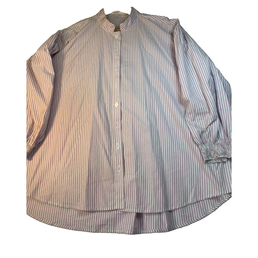Eshakti Pink Striped Blouse Sz 1X Mandarin Collar Button Up Shirred Cuffs Preppy